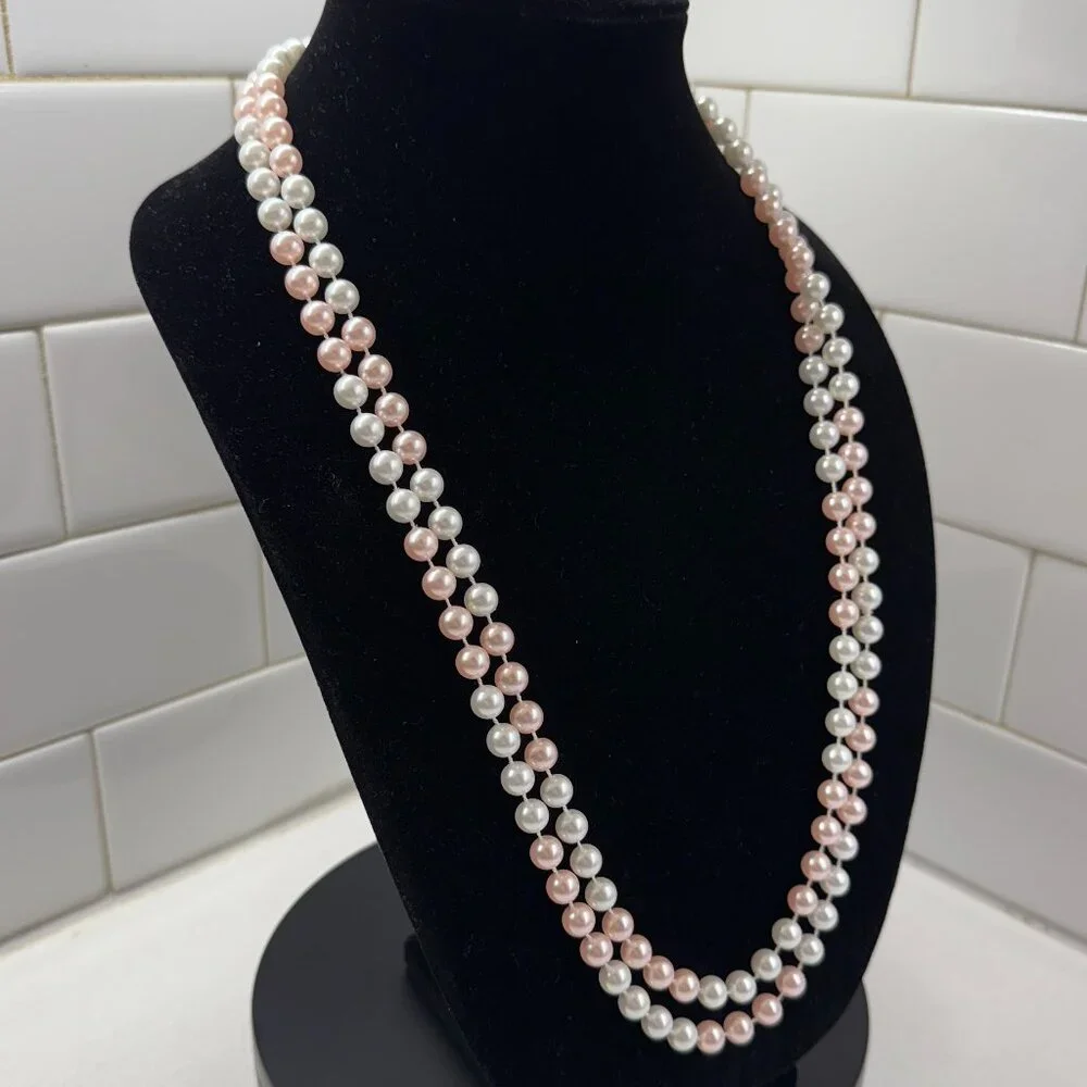 Pink and White Faux Pearls Flapper Length - Picture 3 of 6